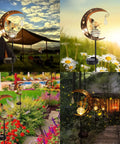 Moon Fairy Garden Solar Light Glass Globe With Angel Decor in outdoor settings, showcasing LED glow in lawns and pathways at dusk.