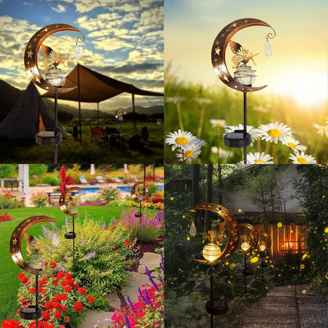 Moon Fairy Garden Solar Light Glass Globe With Angel Decor in outdoor settings, showcasing LED glow in lawns and pathways at dusk.