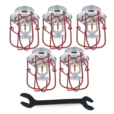 Hella Safe Chrome Fire Sprinkler Head Pendant Spray Kit 5 Pack with red guards, wrench, and bulb for fire safety.