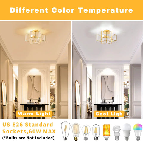 Two Light Star Ceiling Light With Glass Shade In Modern Brass Finish showing warm and cool light settings in hallway