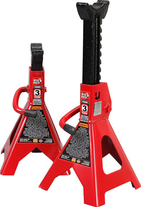 Beefy 3 Ton Heavy Duty Steel Jack Stands with adjustable height and sawtooth ratchet for auto maintenance support.
