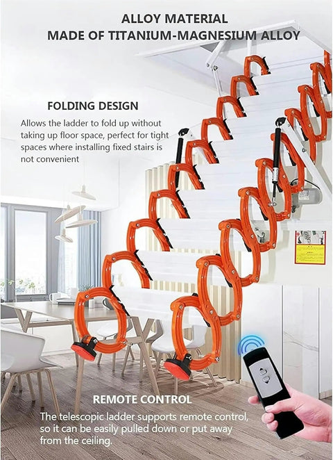 Rock Solid Aluminum Alloy Pull Down Attic Ladder Built Tough Motorized Stealth Loft Stairs with remote and folding design.