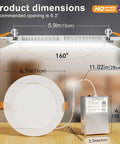 Product dimensions of 24 Pack 6 Inch Ultra Thin 5CCT Adjustable LED Recessed Ceiling Lights Canless Low Profile design.