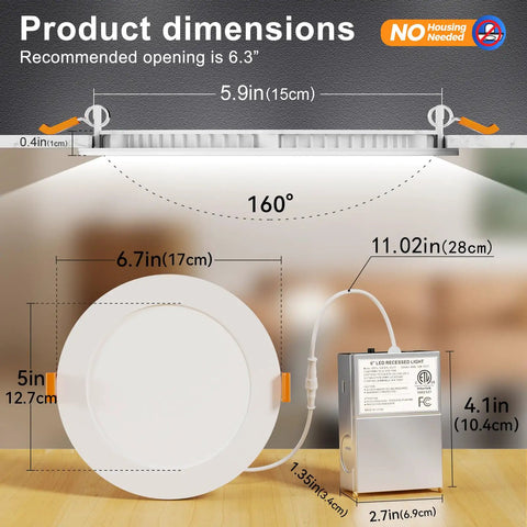 Product dimensions of 24 Pack 6 Inch Ultra Thin 5CCT Adjustable LED Recessed Ceiling Lights Canless Low Profile design.
