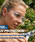 Woman wearing permanent anti fog safety glasses with side shields for woodworking lab work and construction, clear vision.