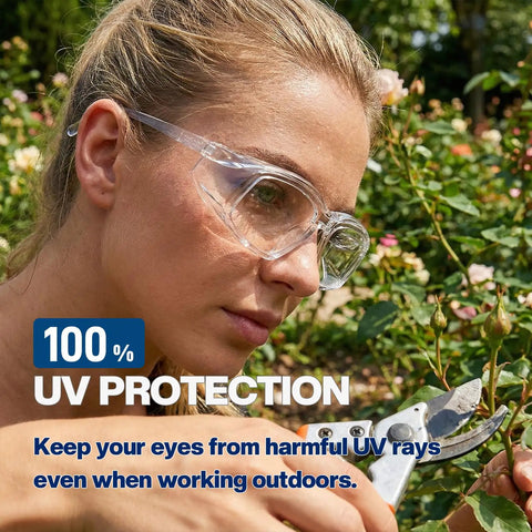 Woman wearing permanent anti fog safety glasses with side shields for woodworking lab work and construction, clear vision.