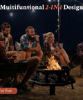 Group enjoying 35 Inch Octagonal Wood Burning Fire Pit With Rectangular Cooking Grill 26 Inch Long And 10 Inch Wide at night