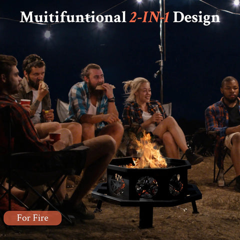 Group enjoying 35 Inch Octagonal Wood Burning Fire Pit With Rectangular Cooking Grill 26 Inch Long And 10 Inch Wide at night