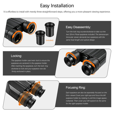 Stereo Binocular Viewer For Telescopes with 1.25 Inch Barrel, two 32mm Plossl eyepieces, easy installation steps diagram
