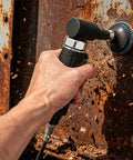 Heavy Duty Right Angle Air Die Grinder Delivers 20K RPM Torque With 22 Pc Roll Lock Sanding Disc Bundle For Knockout Tight Space Metal Job Smooth As Butter in use on rusted metal.