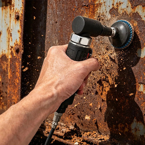 Heavy Duty Right Angle Air Die Grinder Delivers 20K RPM Torque With 22 Pc Roll Lock Sanding Disc Bundle For Knockout Tight Space Metal Job Smooth As Butter in use on rusted metal.