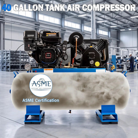 Heavy Duty 9HP Gas Air Compressor With 40 Gallon ASME Tank. High Performance 21 CFM Flow At 175 PSI For Jobsite Demands. Features Electric Start, 302CC Engine, Two Cylinder Pump Head, Dual Tank Design, And Powerful Output Port For Heavy Tools