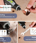 Front view of WORKPRO rotary tool with 530-piece accessory kit; grinding, cleaning, and polishing bits shown.