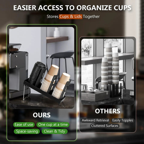 Comparison of three-slot upright paper cup and lid dispenser showing organized storage of 3 oz to 16 oz cups