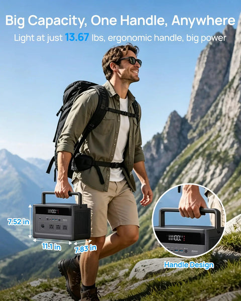 Man hiking with Portable Power Station 600W With 576Wh LiFePO4 Battery, showing ergonomic handle design and measurements.