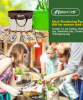 Heavy Duty 10 Piece Garden Tool Set For Women And Men With Aluminum Tools Non Slip Ergonomic Handles Tote Bag Gloves Includes Saw Trowel Cultivator Rake Pruner Weeder Perfect Gift displayed on a table and being used in a garden by a family.