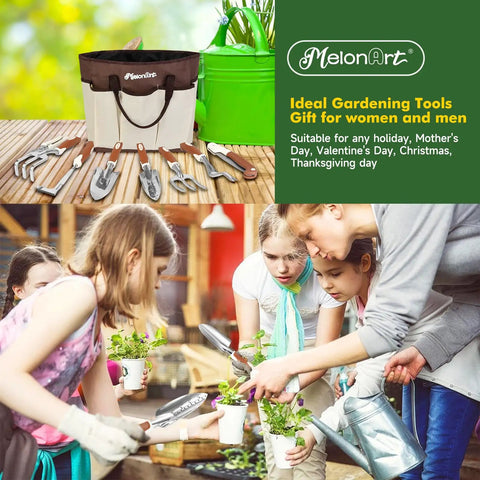Heavy Duty 10 Piece Garden Tool Set For Women And Men With Aluminum Tools Non Slip Ergonomic Handles Tote Bag Gloves Includes Saw Trowel Cultivator Rake Pruner Weeder Perfect Gift displayed on a table and being used in a garden by a family.