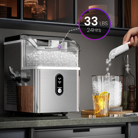 Top Tier Nugget Ice Maker Producing Thirty Three Pounds Daily Of Crisp Chewable Crushed Ice With Easy Self Cleaning Setup and Clear Viewing Window.