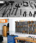 Before and after of Garage Tools Organizer Board Kit With Hooks Four Black Wall Mount Panels For Easy Tool Storage Heavy Duty Hooks Pro Grade Durability Slick Black Finish Garage Organization System For Tools Declutter Your Space, showing tools organized on wall panels.