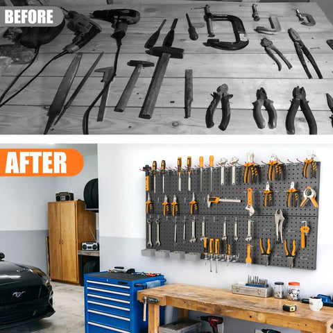 Before and after of Garage Tools Organizer Board Kit With Hooks Four Black Wall Mount Panels For Easy Tool Storage Heavy Duty Hooks Pro Grade Durability Slick Black Finish Garage Organization System For Tools Declutter Your Space, showing tools organized on wall panels.