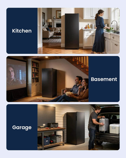 Massive 11 Cu Ft 4 In 1 Convertible Upright Freezer And Refrigerator in kitchen, basement, and garage settings for flexible storage.