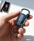 Hand holding 9 In 1 Multitool Keychain with Windproof Plasma Lighter and packaging close-up