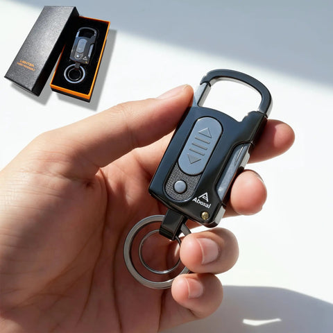 Hand holding 9 In 1 Multitool Keychain with Windproof Plasma Lighter and packaging close-up
