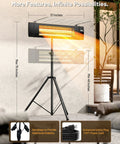 Carbon Infrared Patio Heater With Tripod, Remote Control, Tip Over Protection, Freestanding Or Wall Mounted, IP55 Indoor Outdoor Use