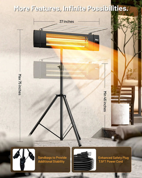 Carbon Infrared Patio Heater With Tripod, Remote Control, Tip Over Protection, Freestanding Or Wall Mounted, IP55 Indoor Outdoor Use