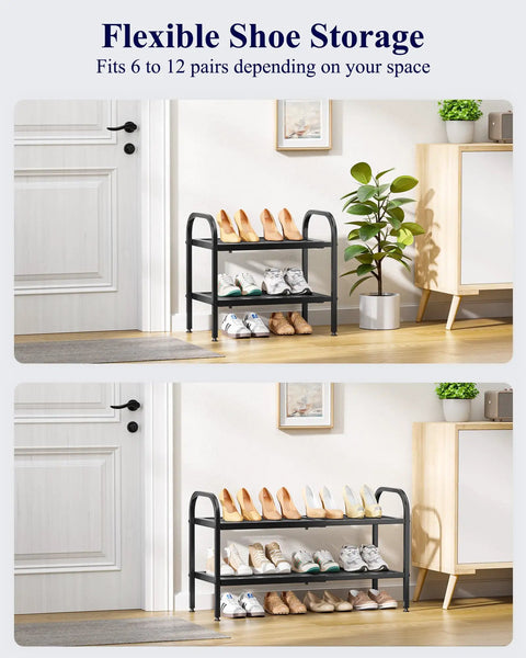 Sturdy Heavy Duty Metal Expandable Shoe Rack Expands To Fit Any Nook Yet Stacks Twelve Pairs Of Kicks Easily, No Fuss Entryway Organizer And Tidy Closet Shelf In Black