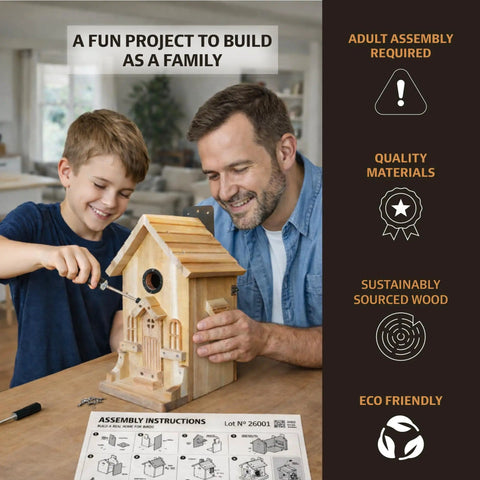 Father and son assembling Premium Wooden Bird House Kit For DIY Bluebird Nesting Box with 1.5 Inch Entrance indoors.