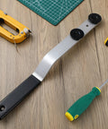 16-inch metal duct stretcher tool with offset black handle and sliding washers on a wood workbench