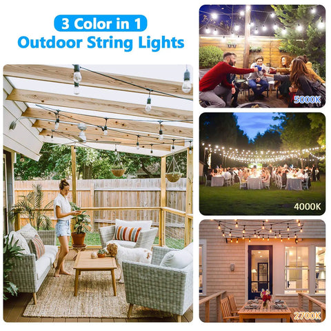 Triple Color Dimmable LED Outdoor String Lights For Patio With Remotes 48 Ft Waterproof Hanging Lights With Shatterproof E26 S14 Bulbs