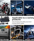 Image showcasing a 58.8V 4A Super Fast Charger For Electric Bikes And Scooters with various compatible products like scooters and vehicles.