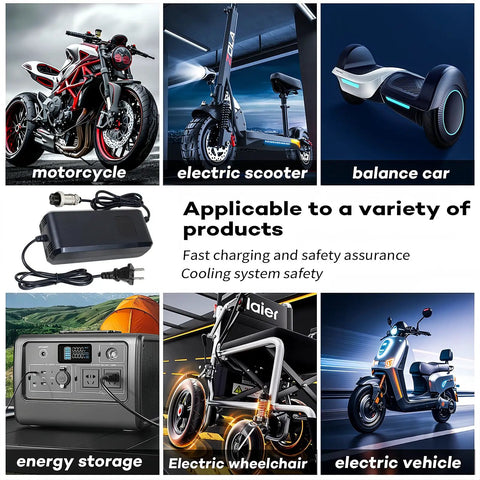 Image showcasing a 58.8V 4A Super Fast Charger For Electric Bikes And Scooters with various compatible products like scooters and vehicles.