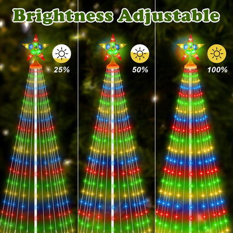 Solar Garden Lights 105 LED Decorative Pole Outdoor Lighting Kit showing adjustable brightness levels, 25%, 50%, 100%.