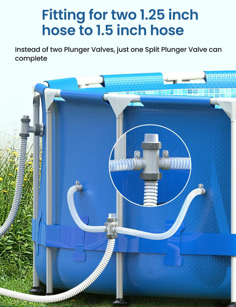 Split Pool Hose Plunger Valve 2 In 1 For Above Ground Pools Heavy Duty On Off Valve For Filter Circulation System Compatible With 1500 2500 4000 GPH Pumps And Saltwater Chlorinator on 1.25 to 1.5 inch hoses