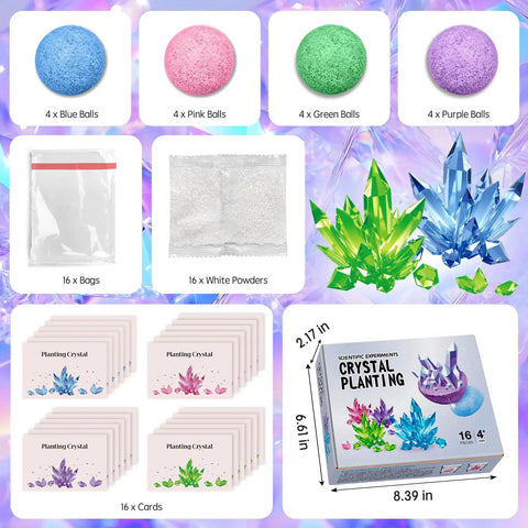 Crystal Growing Science Kit For Kids 16 Piece Party Favors, showing assorted crystal powders, growth materials, and packaging.