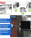 Comparison of different duct crimp tools, highlighting Power Assisted HVAC Crimp Tool for 30-24 GA round metal ducts in action.