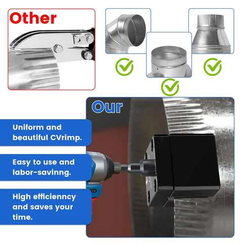 Comparison of different duct crimp tools, highlighting Power Assisted HVAC Crimp Tool for 30-24 GA round metal ducts in action.