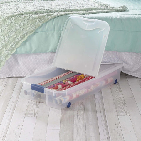 Two Pack 66 Quart Clear Underbed Storage Bins With Low Friction Wheels And Snap Tight Blue Latches storing wrapping paper under bed.