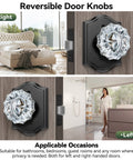 Glass Door Knobs Interior 6 Pack Crystal Doorknobs With Lock For Privacy Black Matte Finish Vintage Diamond Glass Door Knob Set Ideal For Bedroom And Bathroom Built To Last With Zinc Alloy Plates, showing reversible design on wood door panel.