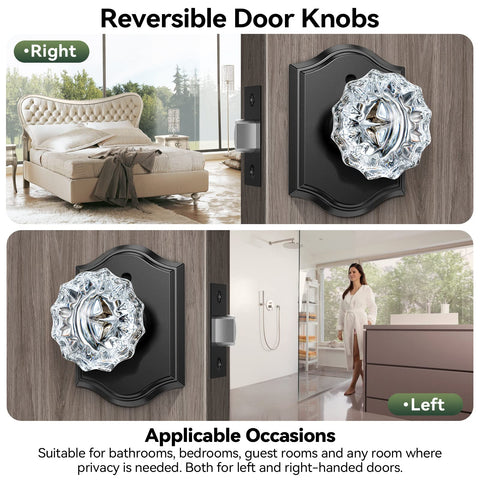 Glass Door Knobs Interior 6 Pack Crystal Doorknobs With Lock For Privacy Black Matte Finish Vintage Diamond Glass Door Knob Set Ideal For Bedroom And Bathroom Built To Last With Zinc Alloy Plates, showing reversible design on wood door panel.
