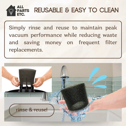 Foam Filter Sleeve Kit For Wet Dry Vacs That Snaps On Easy, reusable foam sleeve being rinsed under a faucet for cleaning.