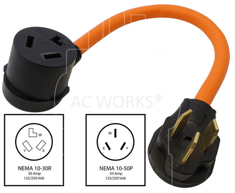 NEMA 10-50P To 10-30R Dryer Range Adapter Cable 50 Amp To 30 Amp 250 Volt 3 Prong with orange flexible STW 10 3 wire