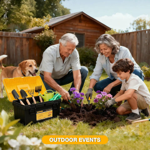 Family gardening with 4 Piece Grab And Go Ready Large Plastic Tool Box Set Waterproof With Organizer Tray, black and yellow case.