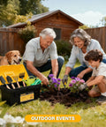 Family gardening with tools next to Stackable Tool Box Set Built Tough Plastic Organizer Boxes With Removable Trays For Screws, Parts And Tools