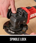 Heavy Duty 20V Cordless Angle Grinder With Digital Brushless Motor; close-up view of spindle lock mechanism.