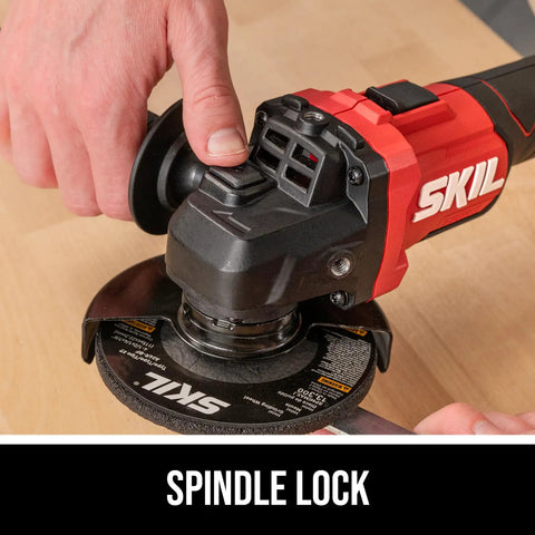 Heavy Duty 20V Cordless Angle Grinder With Digital Brushless Motor; close-up view of spindle lock mechanism.