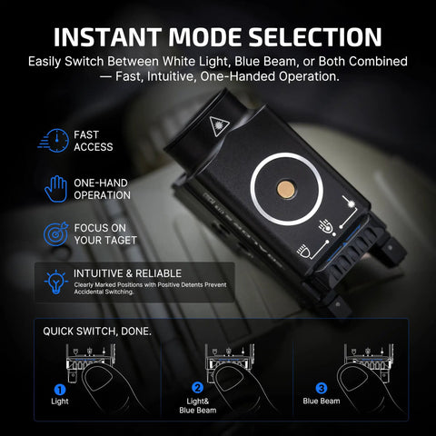 Baldr S Blue Beam Tactical Flashlight With 800 Lumens White LED on rail, highlighting switch modes and usability features.